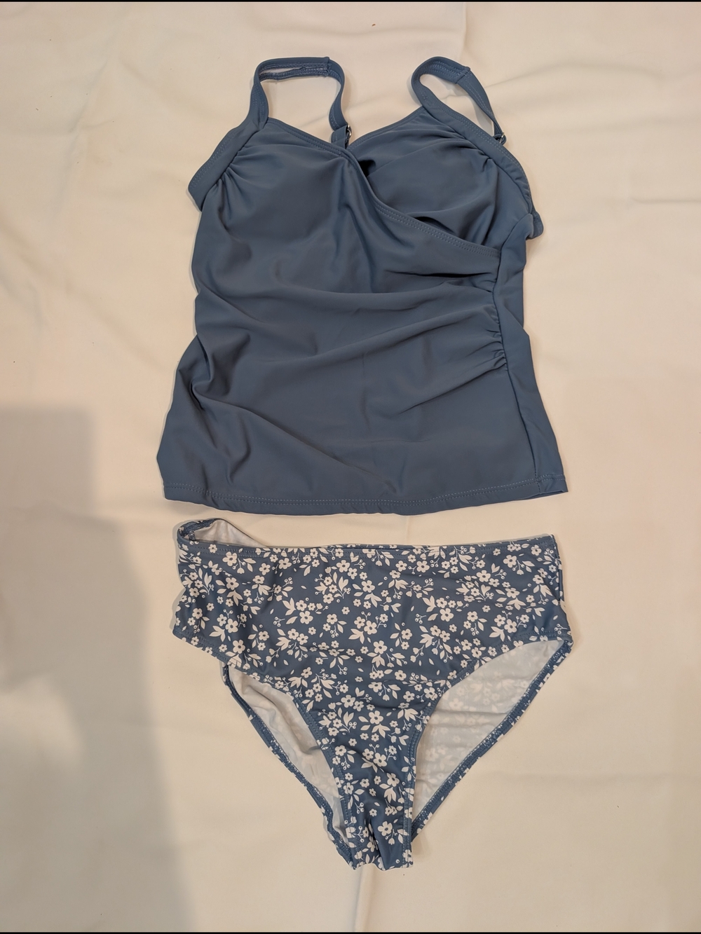 Blue Two-Piece Tankini Set with Floral High-Waist Bottoms Teen Size 13-14Y